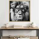 Kate and Laurel Sylvie Black and White Lion in Reading Glasses Framed Canvas Wall Art by The Creative Bunch Studio 30 x 30 Gold, Whimsical, Animals, Humor Art for Wall Decor, Living Room, Bedroom