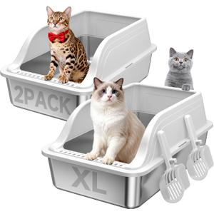 Stainless Steel XL Cat Litter Box for Cats, High-Sided Design Prevents Urine Leakage, Non-Stick, Easy to Clean, Includes Scoop, Gray XL 2 Pack
