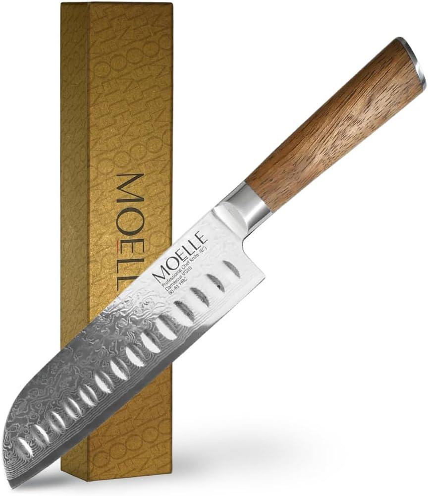 MOELLE Premium Teak Wood Damascus Santoku Knife 7 Blade - VG10 Japanese Damascus Steel 67 Layers, 60+ HRC - Danish Design Kitchen Knife with Elegant Gift Packaging