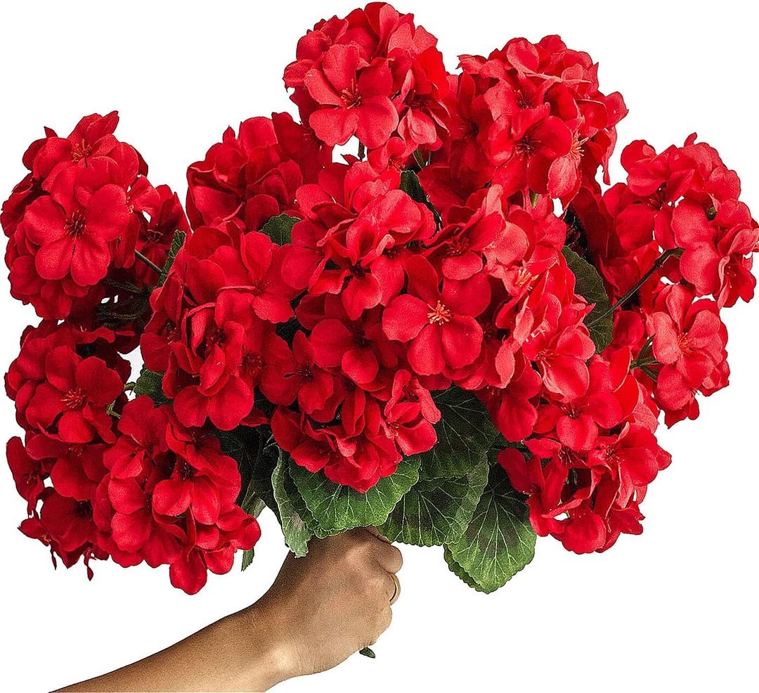 4 Bundles 15'' Artificial Geraniums Silk Flowers for Outdoors UV Resistant Home Decor Garden Look Real (4, Red)