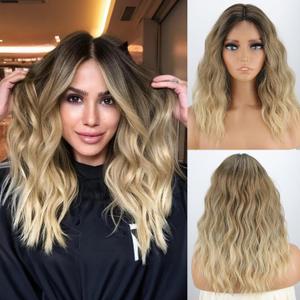 MISSQUEEN Medium Length Ombre Blonde Wavy Wig Short Curly Blond Wig for Women Synthetic Middle Part Heat Resistant Fiber Blonde Hair Wigs for Everyday Hairstyle Party Use (Brown Omber Blonde)