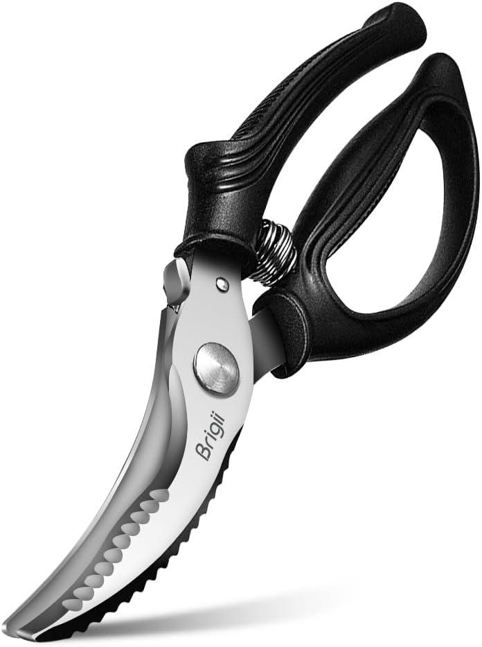 Brigii Kitchen Shears, Stainless Steel Heavy Duty Poultry Shears, Multi-Purpose Kitchen Scissors for Cutting Chicken, Fish, Seafood, and Vegetables, Spring Loaded-KS05Black