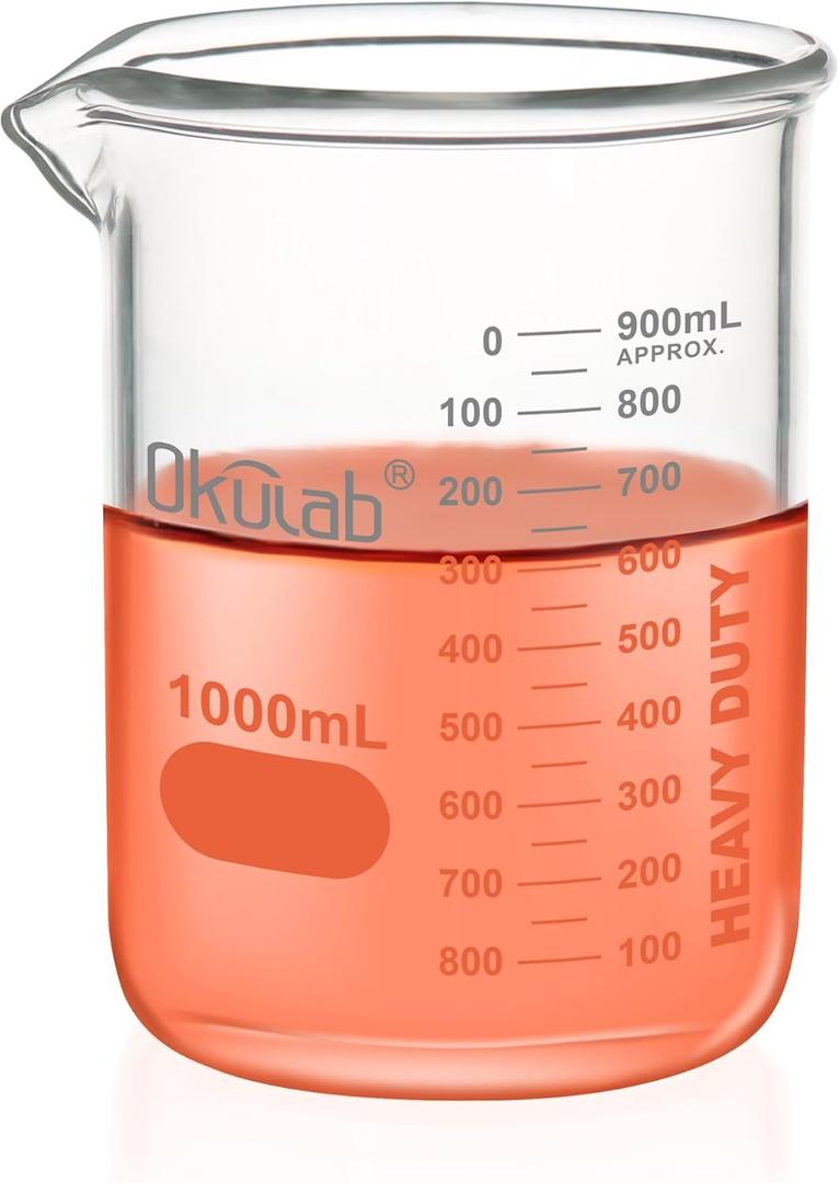 Heavy Duty Glass Beaker Set, Thick-Walled 3.3 Borosilicate Glass Beakers, with Double Scale Printed Graduation, Vol.1000ml, HBKG1000A1