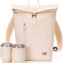 Two Bottle Rolltop Wine Tote Bag  Stylish PU Leather Backpack with Matching Tumblers  Wine Carrier with Padded Straps and Compartments for Travels & Picnics (Beige)