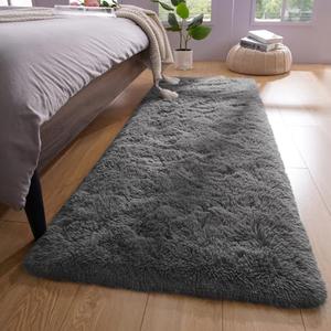 YJ.GWL Fluffy Runner Rugs for Bedroom Living Room Soft Shag Rug 2x6 Feet, Dark Grey Plush Carpet Non Slip for Nursery Dorm, Fuzzy Bedside Rug for Kids Boys Girls Room Home Decor
