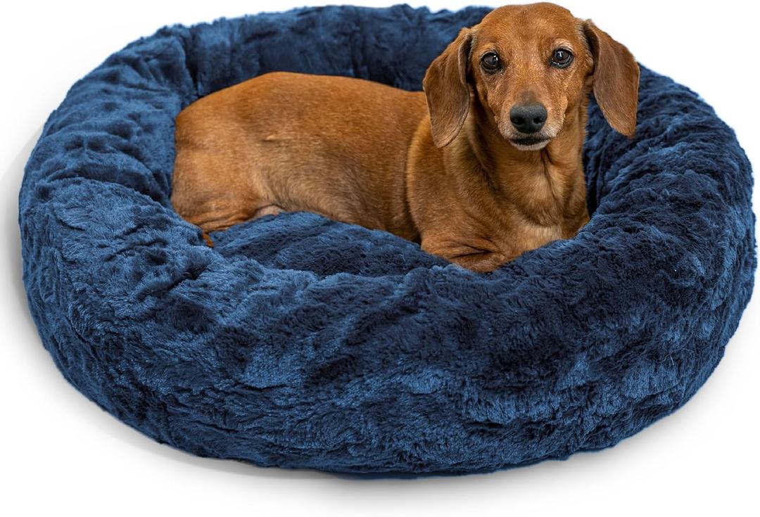 Best Friends by Sheri Original Calming Donut Dog and Cat Bed, Lux Faux Fur, Navy Blue, (23in x 23in) - Anxiety Relief for Pets Up to 25 lbs (Small)