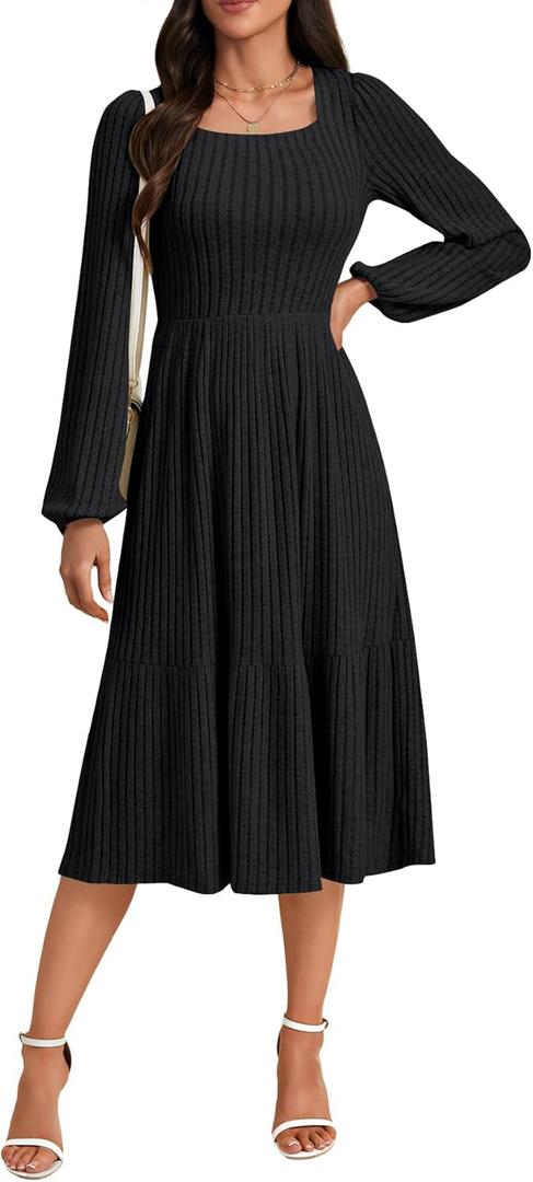 LYANER Women's Fall Square Neck Long Sleeve Tiered A Line Ribbed Knit Elegant Sweater Dress (Black, Large)