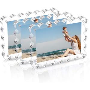 3 Pack Acrylic Picture Frame: 4x6inch Magnetic Picture Frames, Double Sided Magnet Frames,10+10mm Thick Block, Clear Photo Scalloped Frames Freestanding for Desktop Display (Clear, 4X6)