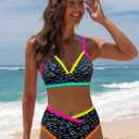 popvil High Waisted Bikini Sets for Women Neon Two Piece Swimsuit Sexy High Cut 2026 Bathing Suit (Black, L)