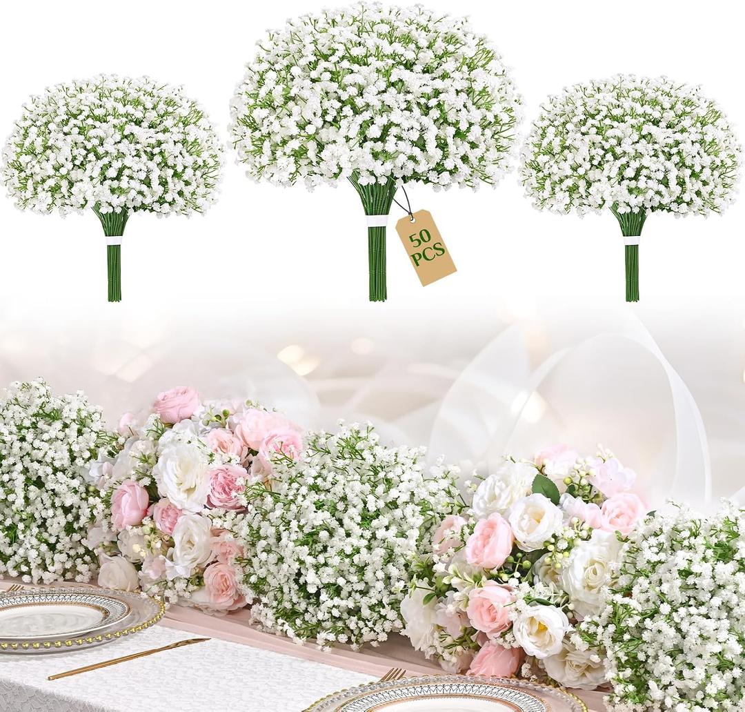 Yastouay 50 Pcs Babys Breath Artificial Flowers, White Baby Breath Flowers Artificial Bulk, Real Touch Fake Flowers Babys Breath Gypsophila for Wedding Home Party Bouquet Floral Arrangement Decor