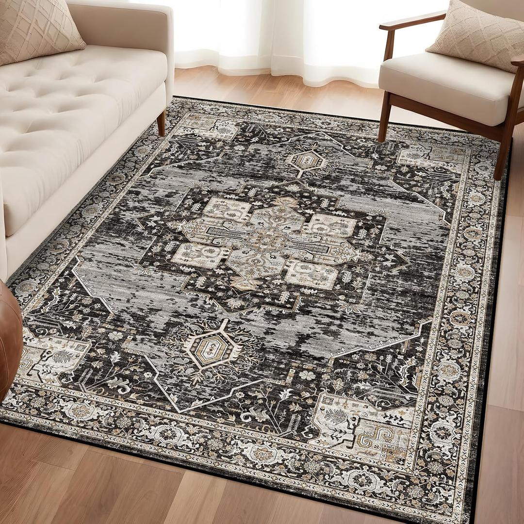 Washable 4x6 Area Rugs - Soft Area Rug for Living Room Stain Resistant Carpet Vintage Indoor Ultra-Thin Rugs for Bedroom Kitchen entryway with Non Slip Backing Home Decor Small Mat 4X6 Black
