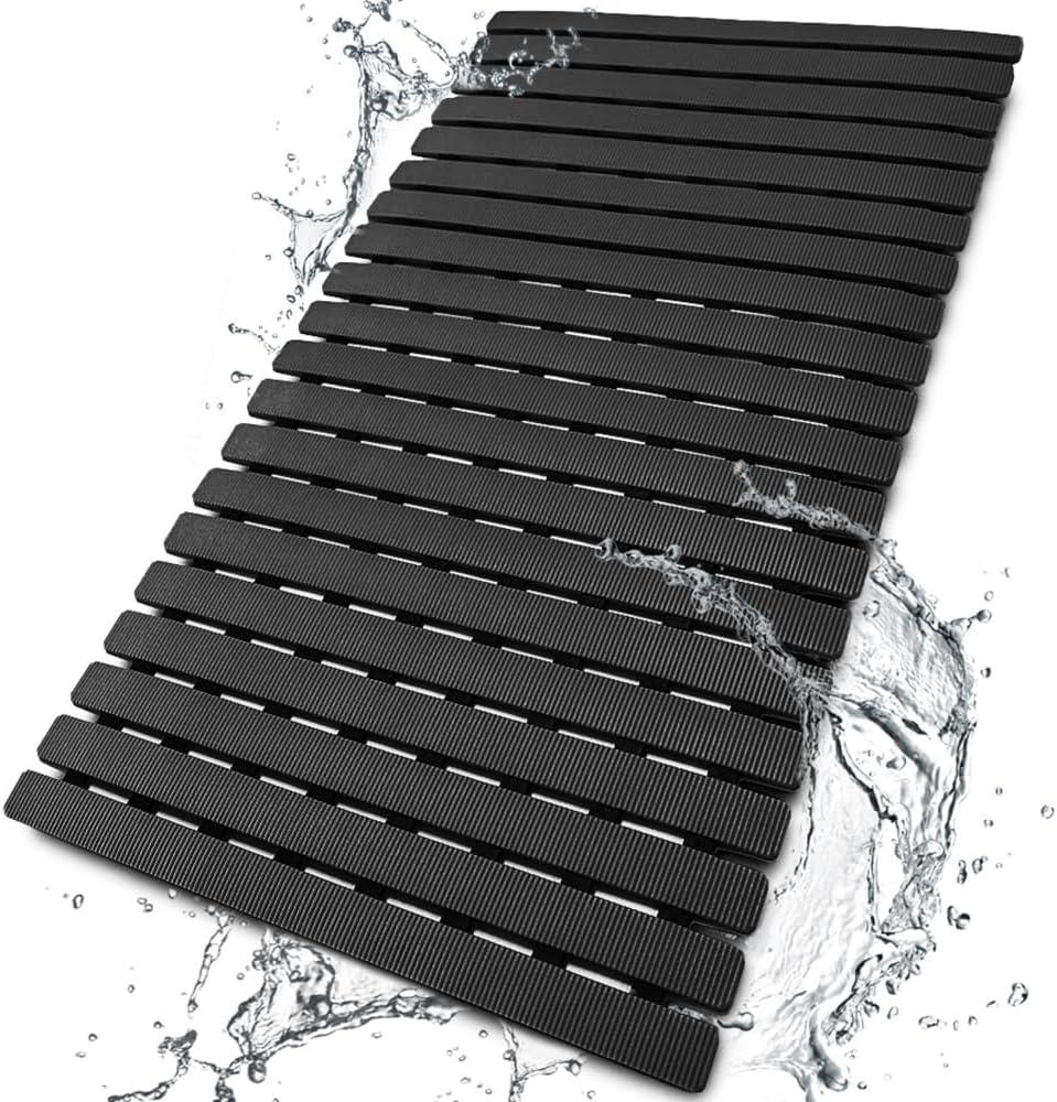 BEMISO Shower Mat Non Slip Bathtub Mat with Suction Cups and Drain Holes 27.5 x15.7 Inch Bath Mat for Tub & Shower.Easy Dry,Easy to Cut,Eco-Friendly (Black)