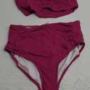 Charmo Women's High Waisted Bikini Sets Sporty Two Piece Swimsuit Ribbed Tummy Control Bathing Suit with Pockets (Large, Violet Red)