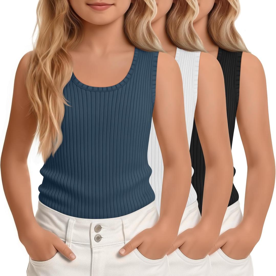 3 Pack Girls Ribbed Tank Tops Knit Slim Fit Camisole U Neck Sleeveless Undershirts Summer Basic Tanks (9-10 Years, Haze Blue, White, Black)