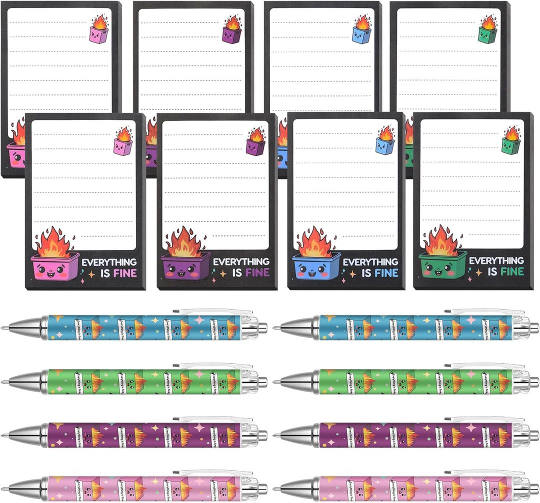 Dumpster On Fire Desk Accessories - 8 PCS Cute Sticky Notes + 8PCS Ballpoint Pens, It's Fine I'm Fine Everything is Fine,Memo Notes Funny Office Gifts for Women Men Coworkers