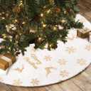 Christmas Tree Skirt 48 Inch Faux Fur Xmas Tree Skirt for Trees Decorations Snowflake Reindeer Merry Christmas Sequin Cute White and Gold Tree Skirts for Xmas Decorations Falda para Arbol De Navidad