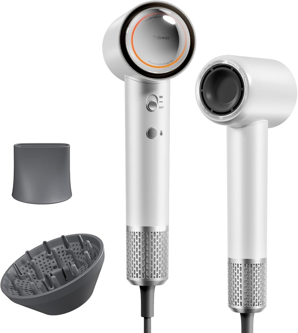 Tideway Hair Dryer Professional High-Speed Ionic Blow Dryer 110,000 RPM, Compact Hair Dryer with Magnetic Diffuser, Fast Drying with Brushless Motor Low Noise Smart Temperature Control-H11 (White)