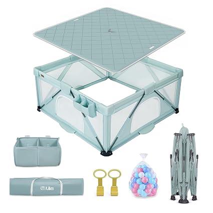 iTiLike Foldable Baby Playpen, Foldable Baby Playpen, Play Yard for Babies&Toddlers Indoor Outdoor 50 Ocean Balls and Play Mat Included, 2 Pull-Up Rings, Storage Bag, Visible Breathable Mesh, Size: 63"x47"