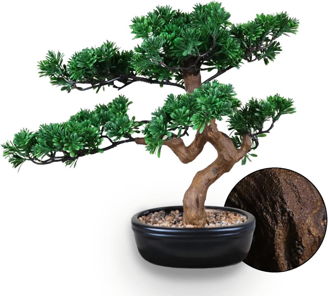 Artificial Bonsai Tree 16" Tall with Realistic Wood and Ceramic Pot Fake Plants Juniper Pine Zen Faux Plants for Home Bedroom Office Bathroom Japanese Decor