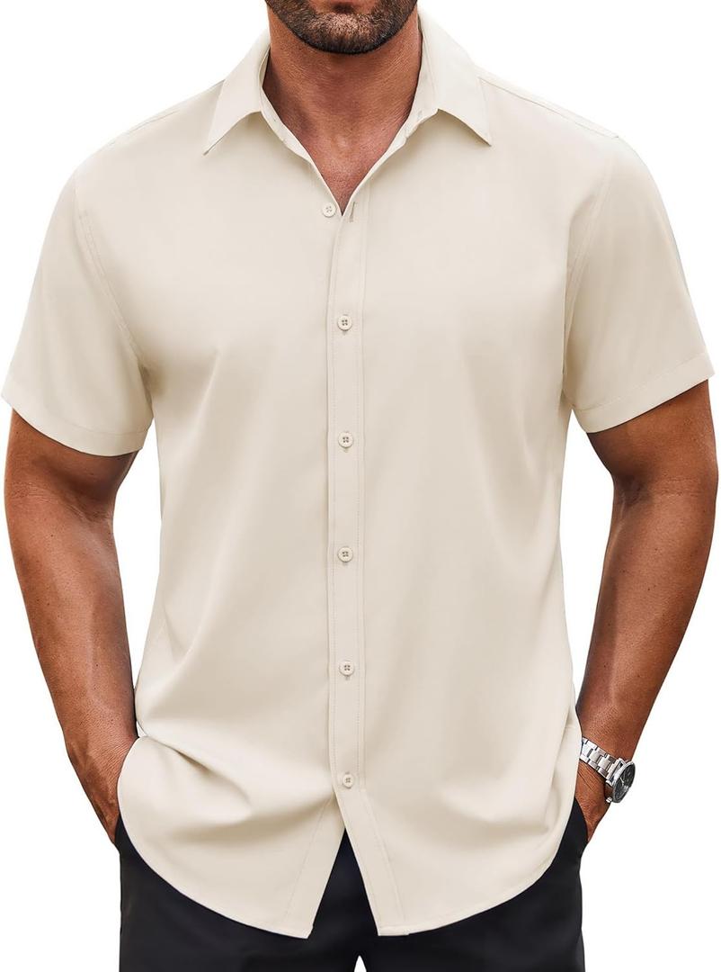 COOFANDY Men's Button Down Shirt Short Sleeve Dress Shirt Casual Beach Summer Wedding Shirt (XL)