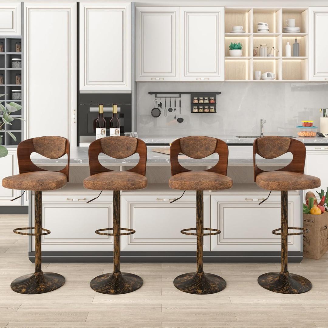 VECELO BarStools Set of 4, Kitchen Island Stools with Bentwood Back,Arm&Footrest,Counter Height Bar Chairs PU Leather Cushion Seat Adjustable Height 360 Swivel,Island Chairs for Club Pub,Rustic Brown