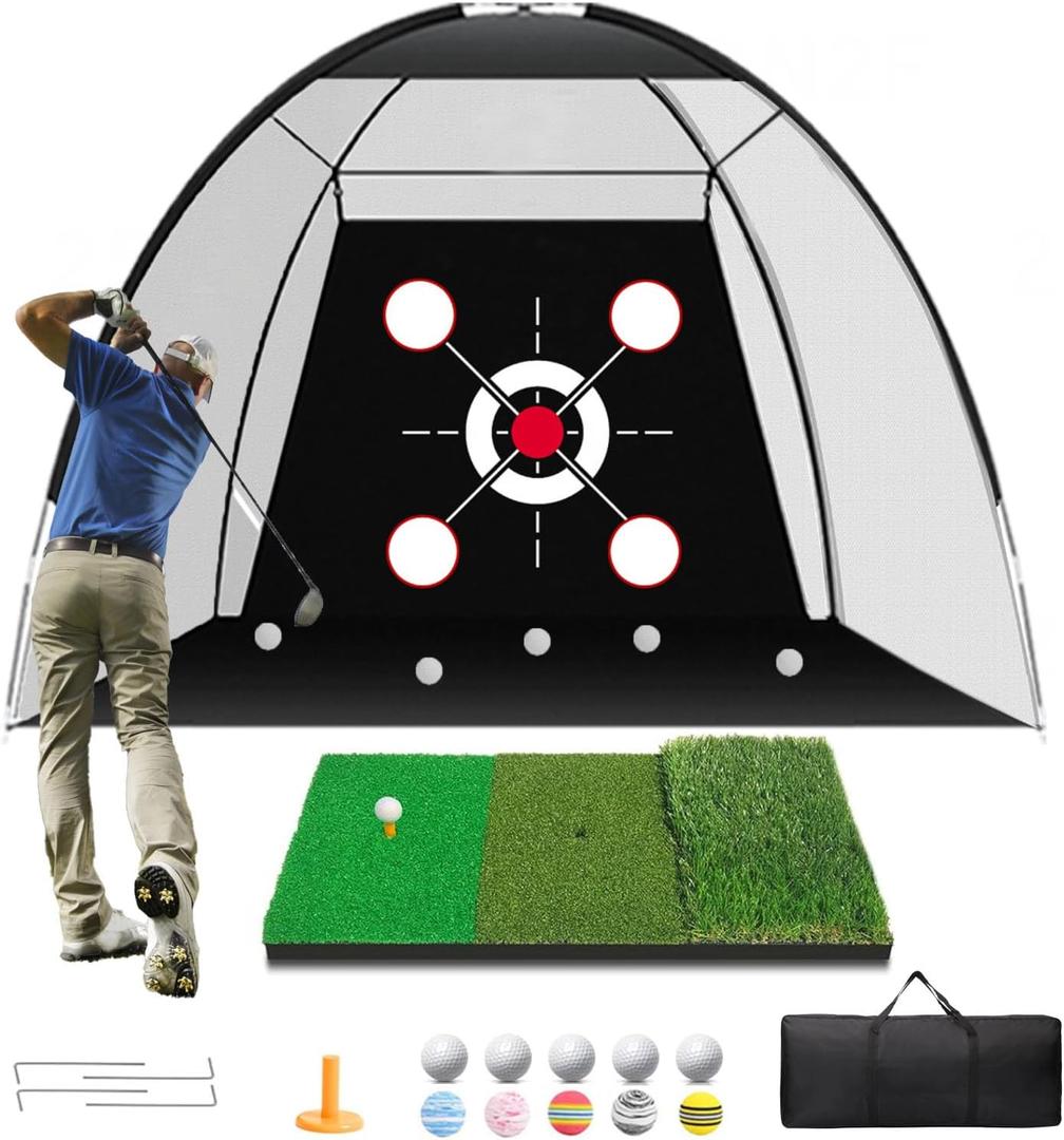 Target Golf Net 10x7FT, Portable Golf Practice Net Set with Hitting Mat & Training Targets Backyard Driving Chipping Swing Aid for Indoor Outdoor Use for Men/Dad