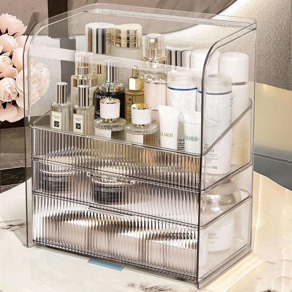 Makeup Storage Organizer Box Large Cosmetic Display Cases Dustproof and Waterproof Cosmetic Organizer Countertop Skincare Organizer (Large Clear+Brush Holder)