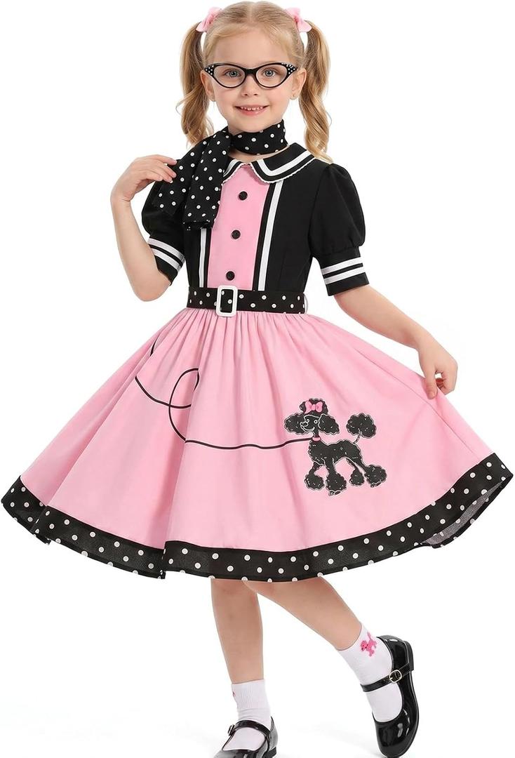 50s Outfit for Girls 50s Poodle Skirt Costume for Girls Halloween Party Dress Up 8-10Y