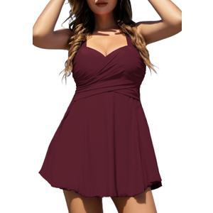 COCOPEAR Women's Elegant Crossover One Piece Swimdress Floral Skirted Swimsuit Burgundy 2XL/ 14-16