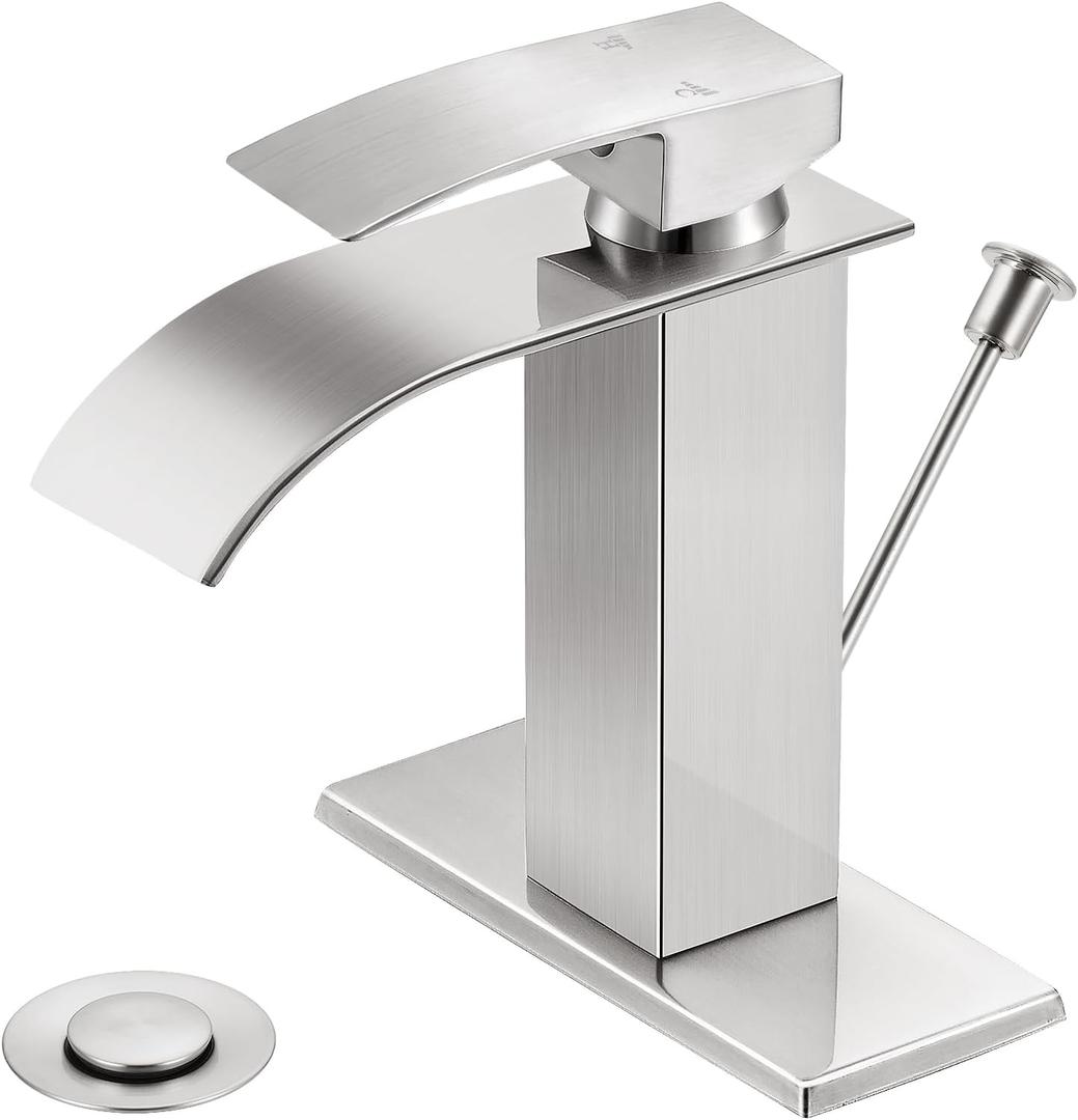 Bathroom Faucets with Lift Rod Drain Brushed Nickel Waterfall Bathroom Sink Faucet Modern Single Handle Bathroom Faucet for 1 or 3 Hole Mxier Tap Washbasin Faucet with Deck