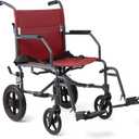 Medline Basic Steel Transport Chair - Full-Length Arms, Swing-Away Footrests, 12" Wheels - Gray/Burgundy - Durable & Convenient Mobility Aid (Red)