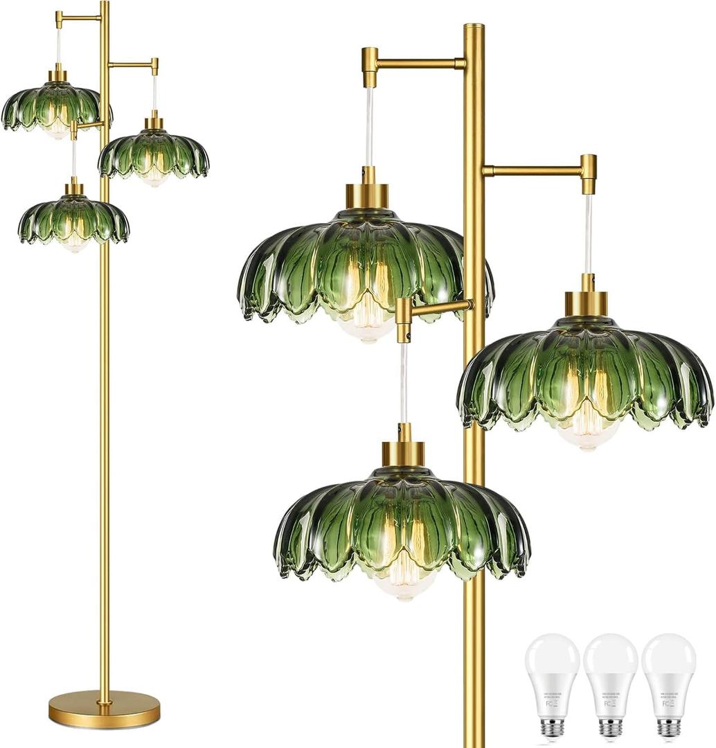 ILLMTW Glass Gold Floor Lamp for Living Room,Bedroom,Mid Century Modern Standing Lamp Brass Tree 3 Light Tall Floor Lamps Vintage Retro Floor Lights Green Flower Lamp Shade Farmhouse Boho Bohemian