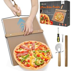 Sliding Pizza Peel, Pizza Slider Paddle with Pizza Cutter Rocker, Non-Stick Pizza Peel Slider with Handle Detachable Transfers pizza shovel, 12" Stainless Steel Sliding Pizza Peels with Baking cloth