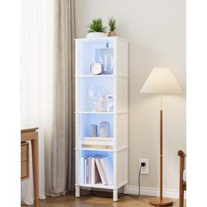 Bookshelf with LED Lights, Modern 4-Tier Bookcase, Open Storage Book Shelf, 11  14.2  50.4 Inches, Small Narrow Bookshelves for Living Room, Home Office, Bedroom, White