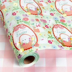 Merture Reversible Easter Wrapping Paper Roll - 17 Inch x 33 Feet - Lovely Bunny & Vibrant Spring Garden Design with "Have a Happy Easter" Text Perfect for Easter Gifts, Party Decor, and Holiday Celebrations (17in x 32.8ft(46.5 sqft), Green Easter Eggs)