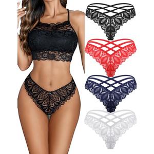 Avidlove Womens Underwear Lace Cheeky Panties Criss Cross Back Bikini Thongs Sexy Undies Black/White/Red/Dark Blue L