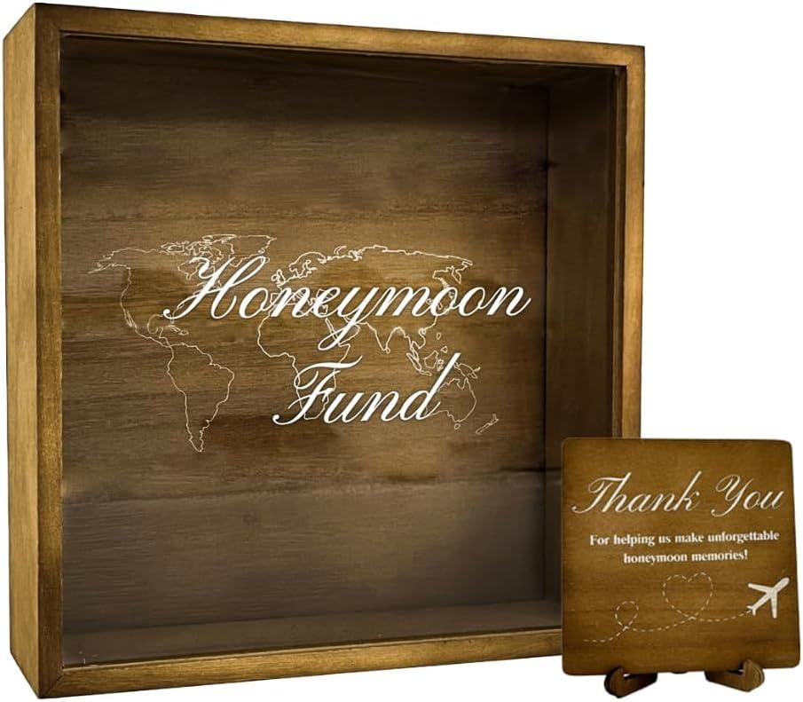 Honeymoon Fund Box, 9.5 x 9.5, Brown, Card and Money Box for Weddings, Rustic Wooden Fund,Shadow Box for Wedding Reception, Party Bridal Shower