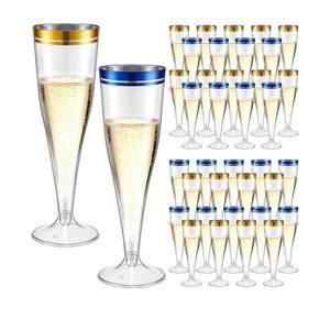 Skylety 100 Pcs Champagne Flutes Bulk 4.5 oz Clear Plastic Toasting Glasses Plastic Champagne Glasses Disposable Cocktail Cups with Rim for Wedding New Years Eve(Gold,Blue)