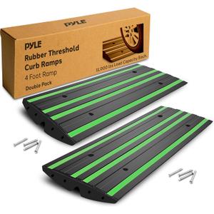 Pyle 8 ft. Rubber Curb Ramp Set, Pack of 2 Heavy Duty Non-Slip Threshold Ramps for Driveways, Garages, Sidewalks, Wheelchairs and Vehicle Access, Green Reflective Strips, 48.0x 16.0 x 2.6 Inch