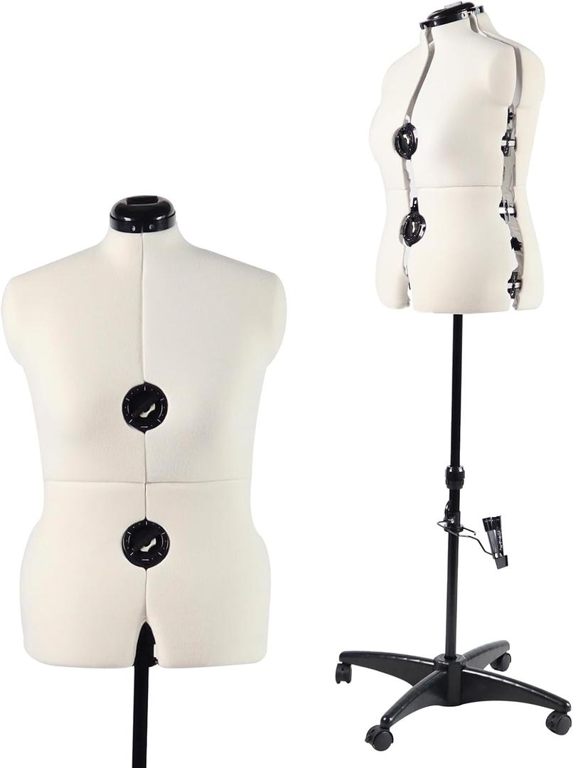 Beige Adjustable Dress Form Mannequin for Sewing Female Size 12-18, Pinnable Model Body with 13 Dials, Detachable Casters, 42.5"-60" Height Range for Clothing Display, Medium to Large