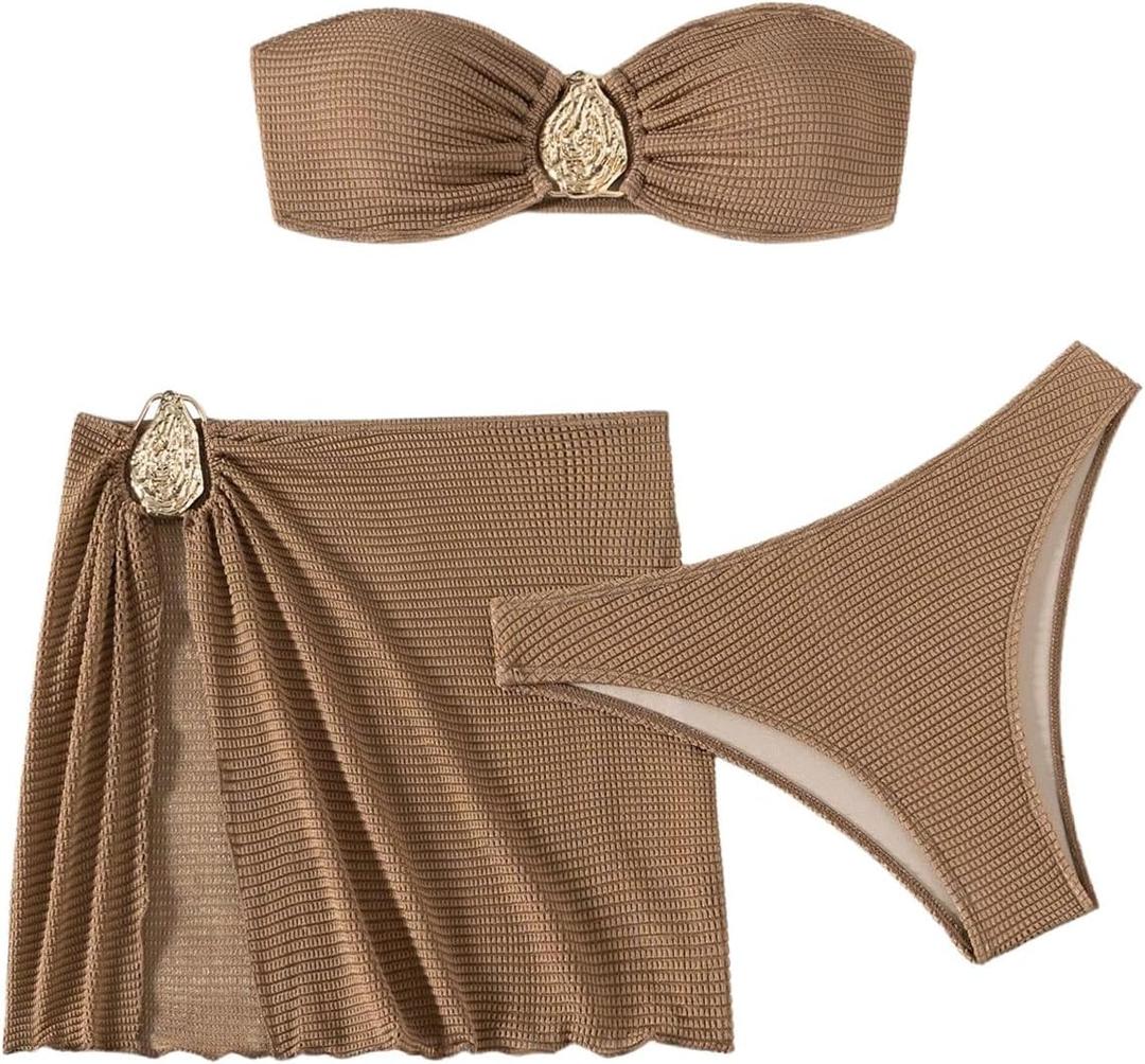 Milumia Women's Metal Textured 3 Piece Swimsuit Strapless Bandeau Bikini Set with Coverup Bathing Suit (Brown), S
