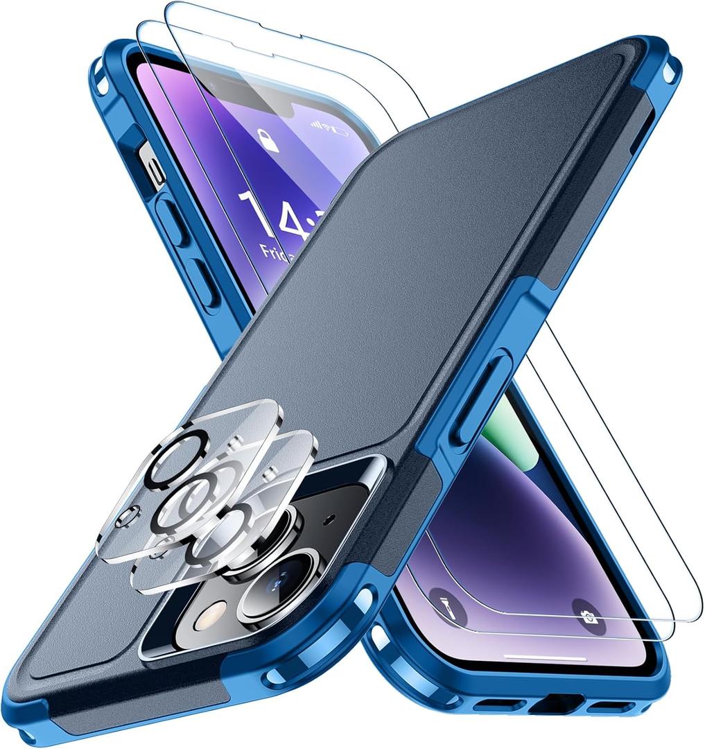 SPIDERCASE for iPhone 14 Case/iPhone 15 Case, [15 FT Military Grade Drop Protection][Non-Slip] 2 Pack [Tempered Glass Screen Protectors+Camera Lens Protectors] Heavy Duty Shockproof Case, Dark Blue