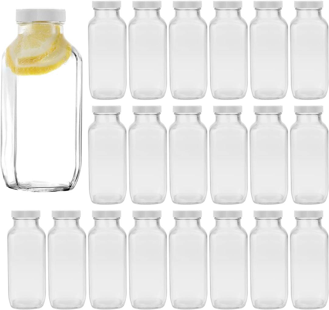 Encheng Vintage Water Bottles,Glass Drinking Bottles 16oz,Clear Beverage Bottle 500ml With Lids For Kombucha,Tea,Glass Bottles For Homemade Drinks,Travel Reusable Juicing Milk Bottle,20 Pack (White)