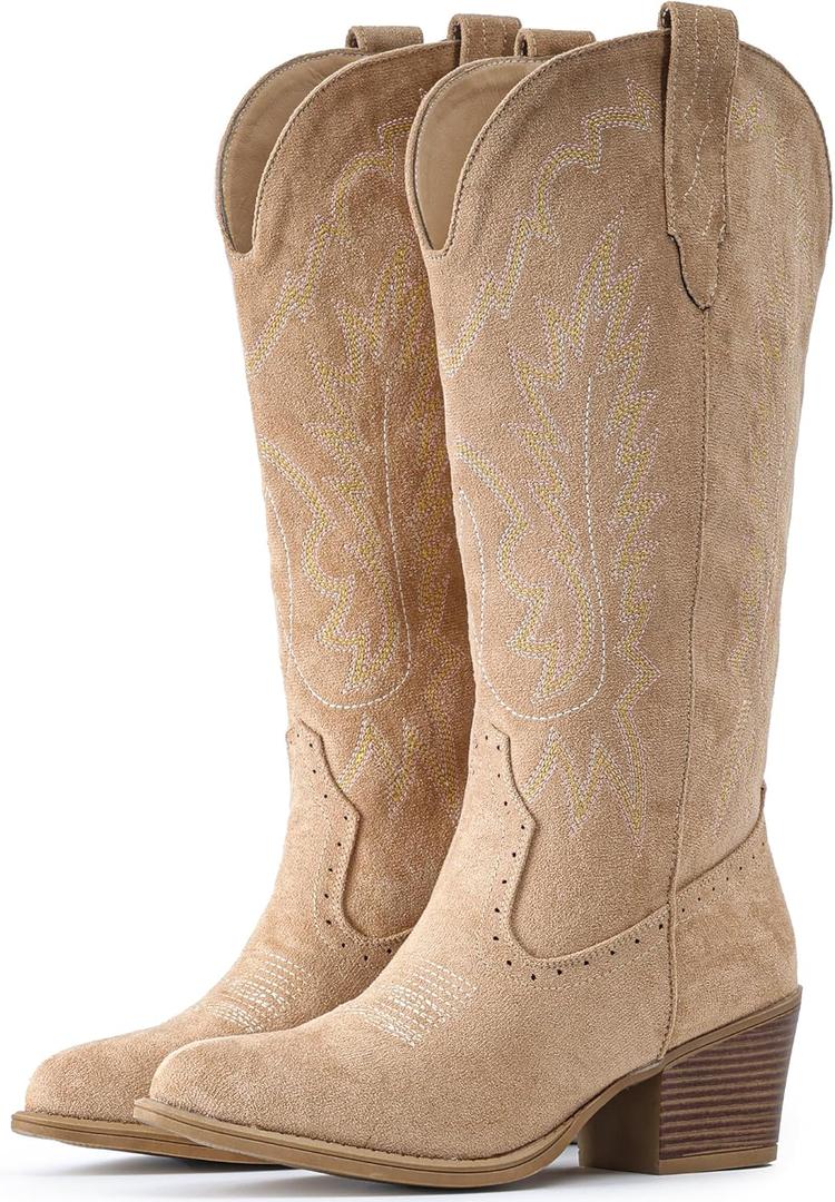 IUV Suede Cowboy Boots For Women Chunky Heel Pointed Toe Cowgirl Boots Mid Calf Western Embroidery fall Boot (7.5, Apricot)