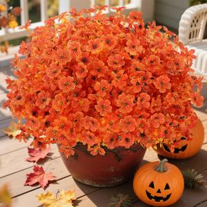 Fall Flowers Artificial for Decoration, Artificial Fall Mums Flowers for Outdoors, Fake Flowers Daisy Eucalyptus Realistic UV Resistant for Garden Patio Porch Home Decor (12, Orange-Yellow Leaves)