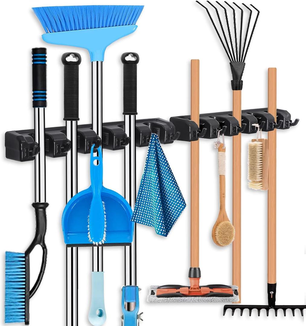 HYRIXDIRECT Broom Hanger Wall Mount Broom and Mop Organizer Wall Hanging Garden Tool Organizers Rack Garage Laundry Room Organizations and Storage with Hooks Heavy Duty (Black2)