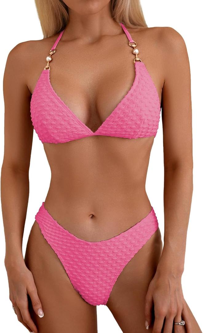 swimall Women's Triangle Bikini Set Cheeky High Cut Sexy Two Piece Swimsuit Cute Halter Bathing Suit (M, Pink)