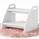 Bamboo 2 Step Stool 300lbs Capacity, Wooden Two Step Stool with Non-Slip Handles, Heavy Duty Stepping Stool for Bedside High Beds Adults, Sturdy Small Bathroom Kitchen White Step Stool