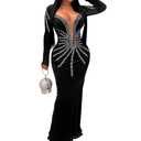 PORRCEY Women's Sexy Elegant Rhinestone Long Sleeve Velvet Maxi Dress Party Club Evening Gown(6827,Black,L)