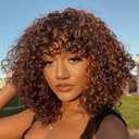 Short Curly Wig with Bangs Human Hair for Women Ombre Brown 10 inch Short Water Wave Curly Bob Wig Glueless Wig 150% Density (Color: TT1B/33)